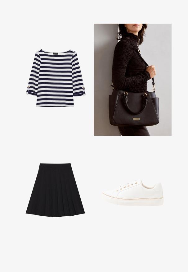 Maglietta a righe blu navy e bianca con maniche lunghe, scollo a barca e dettagli con bottoni dorati sulle maniche arrotolate. Tessuto morbido, vestibilità comoda.; Gonna nera plissettata realizzata in tessuto strutturato con una vita aderente. Cade all'altezza del ginocchio, presentando una silhouette liscia e pulita.; Sneaker bianca con tomaia in pelle liscia, occhielli dorati e un accento dorato attorno alla suola. Suola piatta in gomma con battistrada testurizzato per una migliore presa.; Borsa nera con superficie texturizzata, manici superiori doppi e tracolla regolabile. Dotata di hardware color oro e tasche laterali.