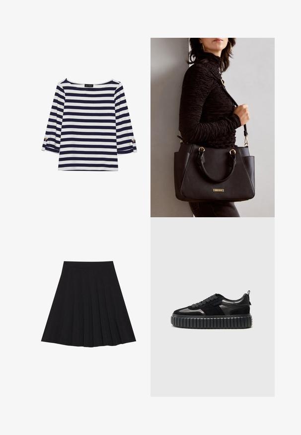 Gestreiftes Langarmoberteil in Marineblau und Weiß mit einem Bootsausschnitt und goldfarbenen Knopfdetails an den hochgekrempelten Ärmeln. Weicher Stoff, entspannter Schnitt.; Schwarzer, plissierter Rock aus strukturiertem Stoff mit einem taillierten Bund. Fällt knielang und hat eine glatte, klare Silhouette.; Kennel + Schmenger ZAP - Sneaker low - schwarz; Schwarze Handtasche mit strukturierten Oberflächen, doppelten Obergriffen und verstellbarem Schultergurt. Mit goldfarbener Hardware und Seitentaschen.