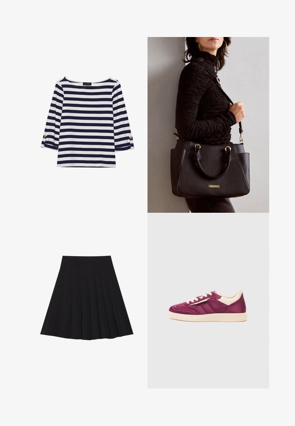 Tumesiniste ja valgete triipudega pikkade varrukatega topp, millel on paadi kaelus ja kuldsete nööpide aktsendid üleskeeratud varrukatel. Pehme kangas, mugav istuvus.; Must mustriga seelik, millel on tekstureeritud kangas ja kitsas vöökoht. Ulatuv põlveni, omadab sujuvat ja lõputut siluetti.; Lilla nahast spordijalats beežide aktsentidega, ümara varvastekujuga, paeltega esiosas ja külgtriipudega. Ülemine osa on tekstureeritud.; Musthave must kott, millel on tekstuurne pind, kaks ülemist käepidet ja reguleeritav õlarihm. Omab kuldse tooni riistu ja külgtaskuid.