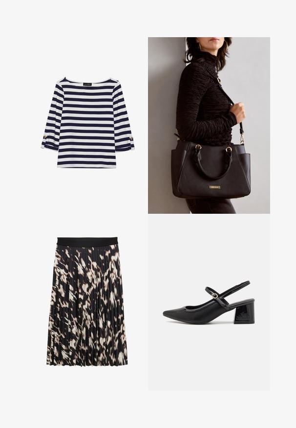 Maglietta a righe blu navy e bianca con maniche lunghe, scollo a barca e dettagli con bottoni dorati sulle maniche arrotolate. Tessuto morbido, vestibilità comoda.; Gonna a pieghe con una ampia vita nera; stampata in tonalità di nero, crema e marrone; texture liscia con un design fluido.; Décolleté in vernice nera con cinturino dietro, punta affusolata, design con ritagli arrotondati e tacco a blocco. Presenta un accento di fibbia tono oro.; Borsa nera con superficie texturizzata, manici superiori doppi e tracolla regolabile. Dotata di hardware color oro e tasche laterali.