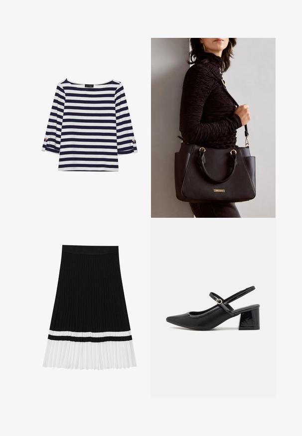 Maglietta a righe blu navy e bianca con maniche lunghe, scollo a barca e dettagli con bottoni dorati sulle maniche arrotolate. Tessuto morbido, vestibilità comoda.; Gonna plissettata nera con un design testurizzato, caratterizzata da un orlo bianco e da una striscia nera orizzontale vicino alla transizione verso la sezione bianca.; Décolleté in vernice nera con cinturino dietro, punta affusolata, design con ritagli arrotondati e tacco a blocco. Presenta un accento di fibbia tono oro.; Borsa nera con superficie texturizzata, manici superiori doppi e tracolla regolabile. Dotata di hardware color oro e tasche laterali.