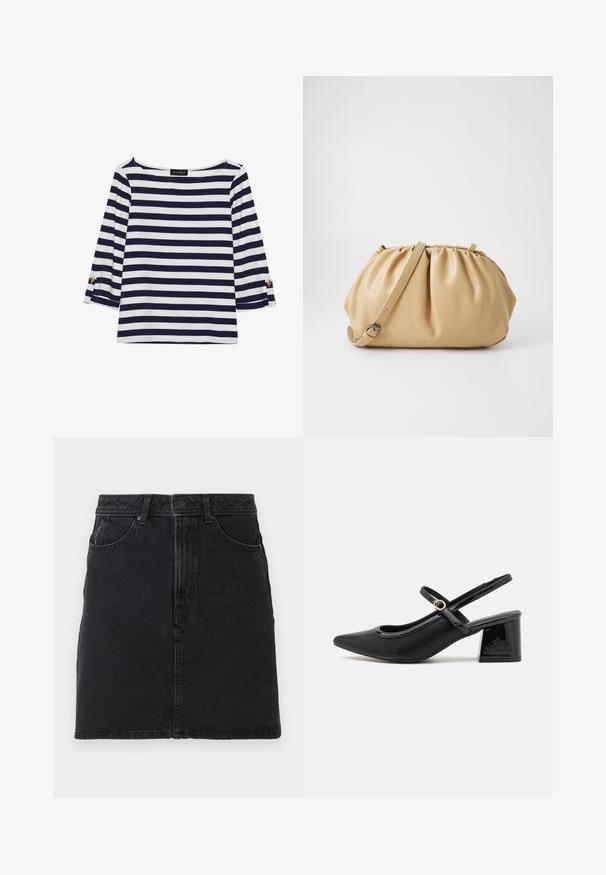 Námornícky a bielo pruhovaný top s dlhým rukávom, ktorý má lodičkový výstrih a zlaté gombíkové akcenty na zrolovaných rukávoch. Mäkčená látka, voľný strih.; Čierna denimová sukňa so zastrihnutým strihom, s predným zapínaním na gombík a zips, dvoma prednými vreckami a jednoduchými stehovými detailmi.; Čierne lakované kožené lodičky so slingback dizajnom, špicatou špičkou, zaobleným výrezom a blokovým podpätkom. Obsahuje akcent zlatého tónu s prackou.; Hnedá kožená kabelka s plisovaným dizajnom, nastaviteľným popruhom a zaobleným tvarom. Minimalistické logo na prednej strane.