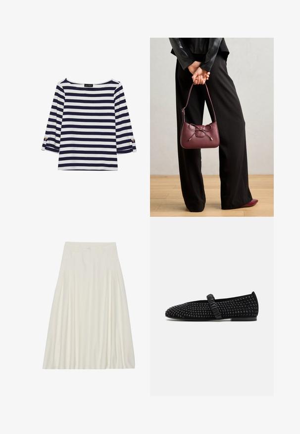 Bluză cu mâneci lungi, dungată în navy și alb, cu decolteu tip bărci și accente cu nasturi aurii pe mânecile răsucite. Material moale, croială lejeră.; Fustă albă, până la genunchi, dintr-un material ușor, cu plisse, talie cu închidere prin nasture și buzunare laterale.; Pantofi negri cu talpă plată, cu vârful ascuțit, împodobiți cu ținte negre pe partea superioară, având o curea strânsă peste glezna piciorului. Talpă din cauciuc.; Crăciun din piele burgundy cu detaliu în formă de fundiță, având o curea subțire și elemente din metal aurit, ținută de o persoană îmbrăcată în pantaloni negri.