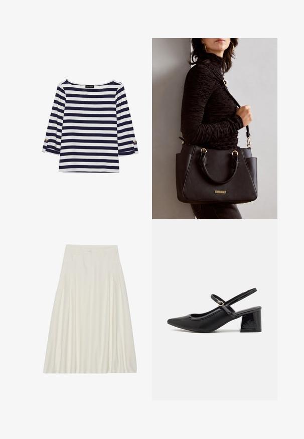 Camiseta de manga larga a rayas en azul marino y blanco, con escote barco y acentos de botones dorados en las mangas enrolladas. Tejido suave y corte relajado.; Falda blanca, de longitud a la rodilla, hecha de una tela ligera que presenta pliegues, una cinturilla con cierre de botón y bolsillos laterales.; Tacones slingback de charol negro con punta afilada, un diseño de corte redondeado y tacón bloque. Incluye un detalle de hebilla en tono dorado.; Bolso negro con superficie texturizada, doble asa superior y correa para hombro ajustable. Presenta herrajes en tono dorado y bolsillos laterales.