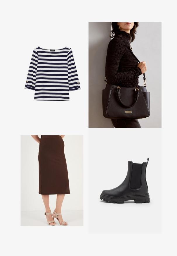 Laivastonsininen ja valkoinen raidallinen pitkähihainen paita, jossa on venepääntie ja kultaiset napit käärittyissä hihoissa. Pehmeä kangas, rento mitoitus.; Ruskea ribbi midi-hame, jossa on sivuleikkaus, yhdistettynä beigeihin korkokenkiin. Hameessa on istuva vyötärö ja teksturoitu kangas.; Mustat nahka-ankle bootsit, joissa on joustavat sivupaneelit, pyöristetyt varpaat ja teksturoitu kumipohja. Takana on silmukka helppoa pukemista varten.; Musta käsilaukku, jossa on teksturoitu pinta, kaksi yläkantta ja säädettävä olkahihna. Varustettu kultasävyisillä varusteilla ja sivutaskuilla.
