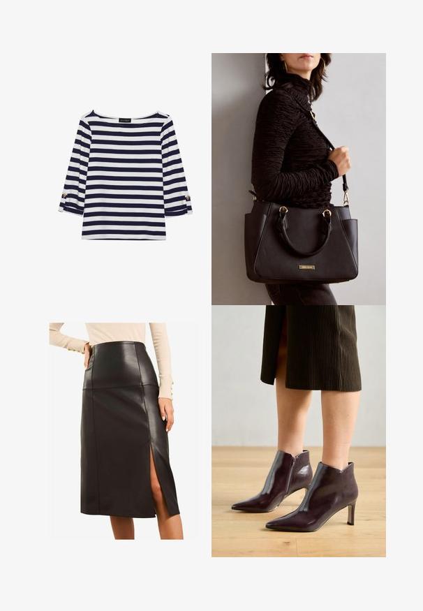 Námořnická a bílá pruhovaná halenka s dlouhým rukávem a lodním výstřihem, se zlatými knoflíky na ohrnutých rukávech. Měkká tkanina, volný střih.; Černá kožená midi sukně s vysokým pasem, s postranním rozparkem, elegantním designem, hladkou texturou a bez viditelných kovových detailů.; Bordové kožené kotníkové boty s špičatou špičkou a štíhlým podpatkem. Obsahují boční zip a hladký, lesklý povrch.; Černá kabelka s texturovaným povrchem, dvojitými horními uchy a nastavitelným ramenním popruhem. Obsahuje zlaté kovové prvky a boční kapsy.