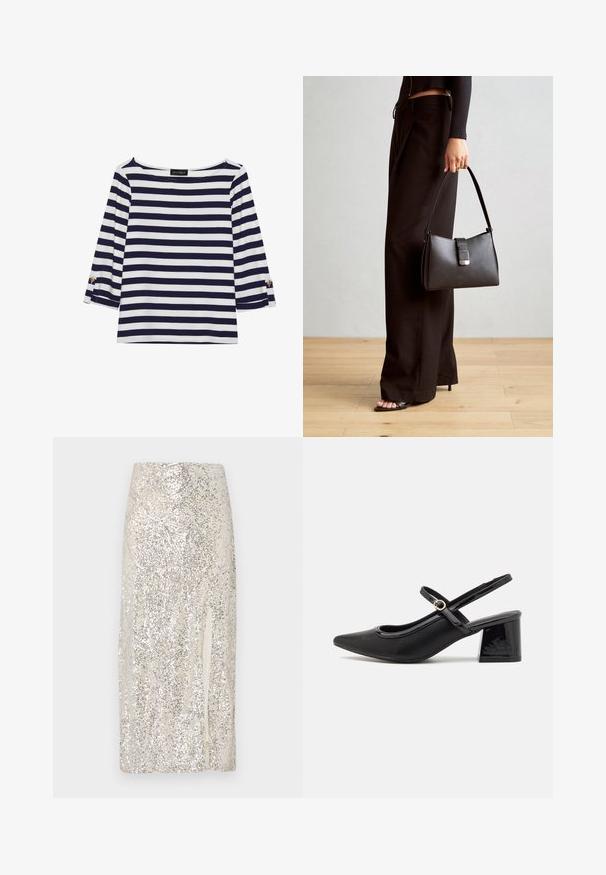 Tengerészkék és fehér csíkos, hosszú ujjú blúz, hajónyakkal és aranygombos díszítésekkel a felhajtott ujjain. Puha anyag, lazán illeszkedő fazon.; Krém színű, flitterekkel díszített midi szoknya, az egyik oldalon hasítékkal. Simas textúrája és testhezálló szabása jellemzi.; Fekete lakk bőr, pántos magassarkú cipő, hegyes orral, lekerekített kivágással és tömbsarkal. Arany színű csat díszíti.; Fekete kézi táska strukturált formával, sima textúrával és fémből készült záródással. Széles fekete nadrággal és nyitott orrú szandállal párosítva, fából készült padlón.