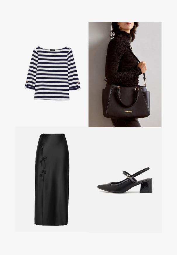 Marineblå og hvide stribede langærmede top med bådudskæring og guldknapdetaljer på opsmøgede ærmer. Blødt stof, afslappet pasform.; Anna Field MIDI SKIRT - Pencil skirt - black; Sorte patentlæder slingback hæle med spids tå, rund udskæring og blokhæl. Har en guldtonet spændeaccents.; Sort håndtaske med struktureret overflade, dobbelt topbærere og justerbar skulderrem. Udstyret med guldfarvet metalhardware og sidelommer.