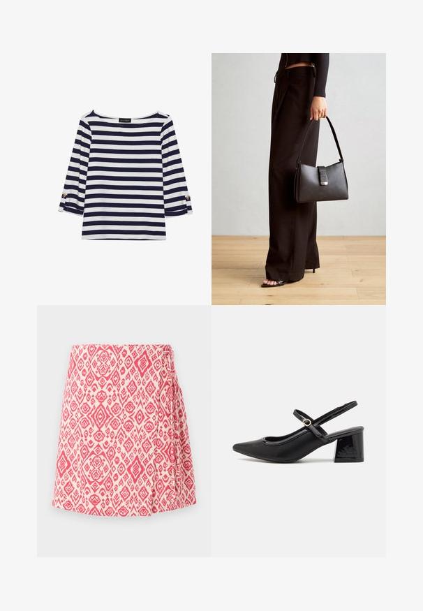 Námořnická a bílá pruhovaná halenka s dlouhým rukávem a lodním výstřihem, se zlatými knoflíky na ohrnutých rukávech. Měkká tkanina, volný střih.; Krátká sukně v krémové barvě s růžovým geometrickým vzorem. Má detail bočního zavazování a rozšířený střih pro uvolněný pocit. Hladká textilie.; Černé lakované lodičky s otevřenou patou, špičatou špičkou, zaobleným střihem a blokovým podpatkem. Zdobené akcentem v zlatém tónu.; Černá kabelka se strukturovaným tvarem, hladkým povrchem a kovovým uzávěrem. Kombinována s širokými černými kalhotami a sandály s otevřenou špičkou na dřevěné podlaze.