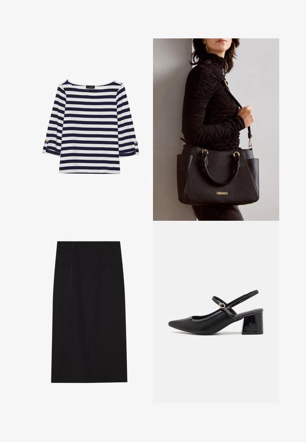 Top de manga longa às riscas azul-marinho e branco, com decote em barco e detalhes em botões dourados nas mangas com dobra. Tecido suave, ajuste descontraído.; Saia lápis preta até os joelhos, feita de um tecido suave. Apresenta um design limpo com duas costuras frontais e um fecho invisível nas costas.; Sabrinas de cerâmica preta com salto bloco, bico apontado e um design com recortes arredondados. Apresenta um detalhe em fivela de tom dourado.; Bolsa preta com superfície texturizada, alças superiores duplas e alça de ombro ajustável. Apresenta ferragens em tom dourado e bolsos laterais.