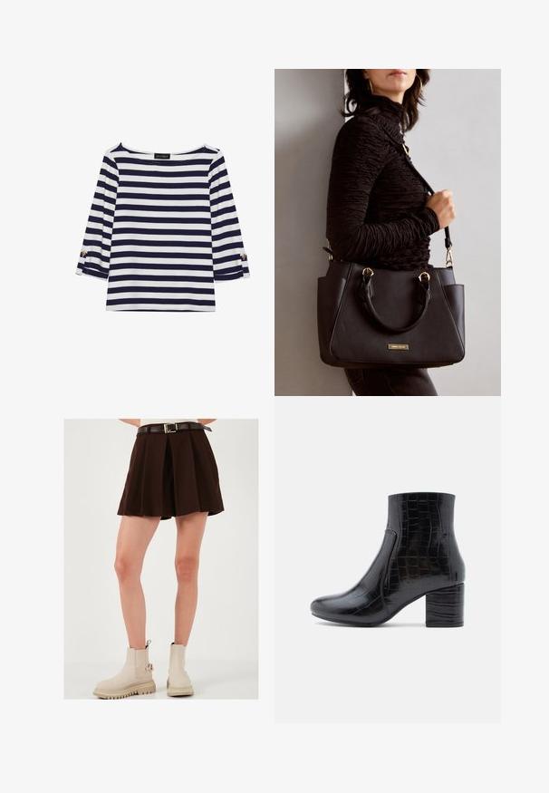 Gestreiftes Langarmoberteil in Marineblau und Weiß mit einem Bootsausschnitt und goldfarbenen Knopfdetails an den hochgekrempelten Ärmeln. Weicher Stoff, entspannter Schnitt.; Brauner, plissierter Rock mit einem taillierten Bund und einem kontrastierenden braunen Gürtel mit einer goldenen Schnalle. Tragen mit beigen Knöchelstiefeln.; Schwarzer Knöchel-Stiefel aus glänzendem, krokodilgeprägtem Leder. Mit abgerundetem Zehenbereich und klobigem Blockabsatz. Glatte Textur und elegantes Design.; Schwarze Handtasche mit strukturierten Oberflächen, doppelten Obergriffen und verstellbarem Schultergurt. Mit goldfarbener Hardware und Seitentaschen.