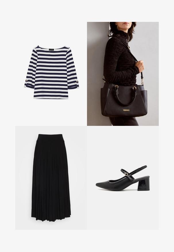 Haut rayé bleu marine et blanc à manches longues avec un col bateau et des accents de boutons dorés sur les manches retroussées. Tissu doux, coupe décontractée.; Jupe plissée noire avec une taille haute et extensible. Fabriquée en tissu doux, elle présente des plis verticaux pour une silhouette fluide.; Escarpins slingback en cuir verni noir avec un embout pointu, un design à découpes arrondies et un talon carré. Présente un accent de boucle en ton doré.; Sac à main noir avec surface texturée, deux poignées supérieures et bandoulière réglable. Doté de quincaillerie dorée et de poches latérales.