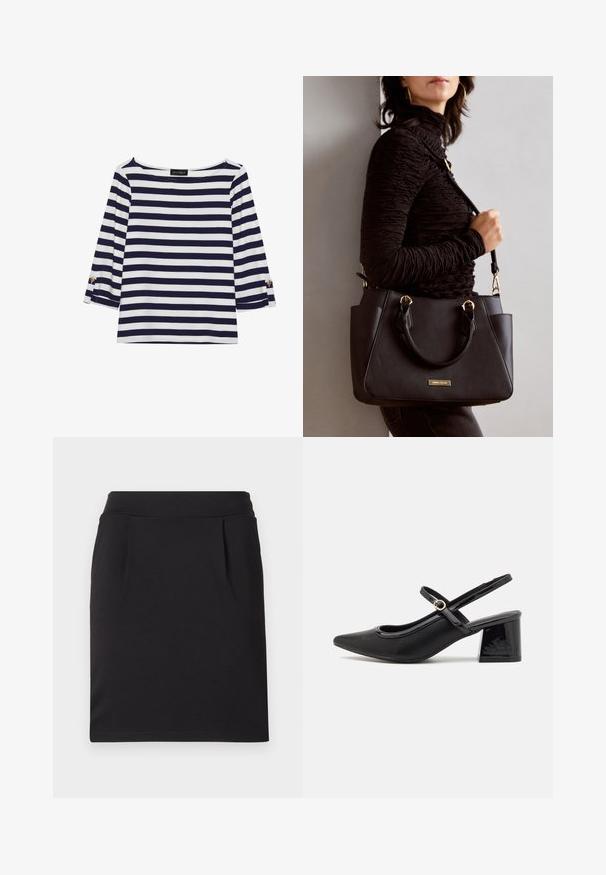 Haut rayé bleu marine et blanc à manches longues avec un col bateau et des accents de boutons dorés sur les manches retroussées. Tissu doux, coupe décontractée.; Jupe noire longueur genou en tissu lisse, dotée d'une taille cintrée et de deux plis discrets à l'avant pour une touche de détail supplémentaire.; Escarpins slingback en cuir verni noir avec un embout pointu, un design à découpes arrondies et un talon carré. Présente un accent de boucle en ton doré.; Sac à main noir avec surface texturée, deux poignées supérieures et bandoulière réglable. Doté de quincaillerie dorée et de poches latérales.
