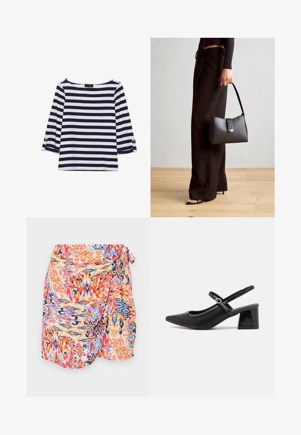 Tengerészkék és fehér csíkos, hosszú ujjú blúz, hajónyakkal és aranygombos díszítésekkel a felhajtott ujjain. Puha anyag, lazán illeszkedő fazon.; Színes, mintás, átkötős szoknya, piros, kék, narancs és sárga örvénylő mintákkal, oldalt megkötve, puha és könnyű anyagból.; Fekete lakk bőr, pántos magassarkú cipő, hegyes orral, lekerekített kivágással és tömbsarkal. Arany színű csat díszíti.; Fekete kézi táska strukturált formával, sima textúrával és fémből készült záródással. Széles fekete nadrággal és nyitott orrú szandállal párosítva, fából készült padlón.