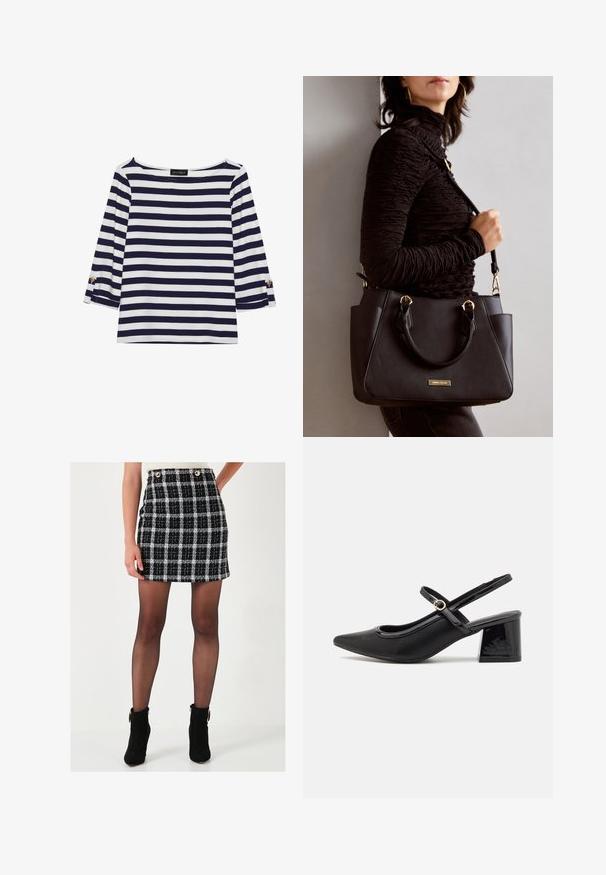 Námořnická a bílá pruhovaná halenka s dlouhým rukávem a lodním výstřihem, se zlatými knoflíky na ohrnutých rukávech. Měkká tkanina, volný střih.; Černobílá kostkovaná mini sukně z texturované látky, s předními knoflíky a přiléhavým střihem, doplněná černými kotníkovými botami.; Černé lakované lodičky s otevřenou patou, špičatou špičkou, zaobleným střihem a blokovým podpatkem. Zdobené akcentem v zlatém tónu.; Černá kabelka s texturovaným povrchem, dvojitými horními uchy a nastavitelným ramenním popruhem. Obsahuje zlaté kovové prvky a boční kapsy.
