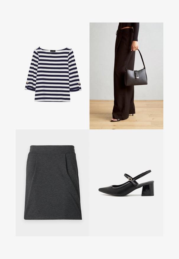 Jūras spēku tumši zilas un baltas svītras ar garām piedurknēm augšdaļa ar laivu veida kakla izgriezumu un zeltītām pogu akcentiem uz sarullētām piedurknēm. Mīksts audums, brīvs piegriezums.; Tumši pelēka auduma svārki ar pieguļošu jostas daļu, ar krokām papildu tekstūras pievienošanai. Taisna piegriezuma dizains, minimāli šuvju detaļas un bez rakstiem.; Melns patentēts ādas sandales ar norādīta pirksta formu, noapaļotu izgriezuma dizainu un bloķētu papēdi. Iezīmēta ar zelta toņa sprādzi.; Melnā somiņa ar strukturētu formu, gludu tekstūru un metālu sprādzi. Saskaņota ar platām melnām biksēm un sandālēm ar atvērtu purngalu uz koka grīdas.