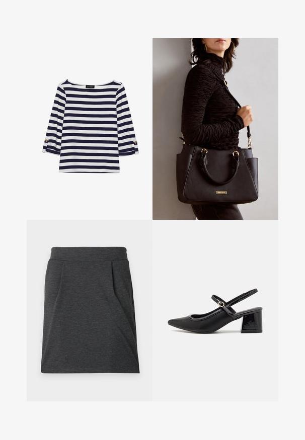 Top de manga longa às riscas azul-marinho e branco, com decote em barco e detalhes em botões dourados nas mangas com dobra. Tecido suave, ajuste descontraído.; Saia de tecido cinza escuro com cós justo, apresentando pregas para adicionar textura. Design de corte reto, com mínimos detalhes de costura e sem padrões.; Sabrinas de cerâmica preta com salto bloco, bico apontado e um design com recortes arredondados. Apresenta um detalhe em fivela de tom dourado.; Bolsa preta com superfície texturizada, alças superiores duplas e alça de ombro ajustável. Apresenta ferragens em tom dourado e bolsos laterais.