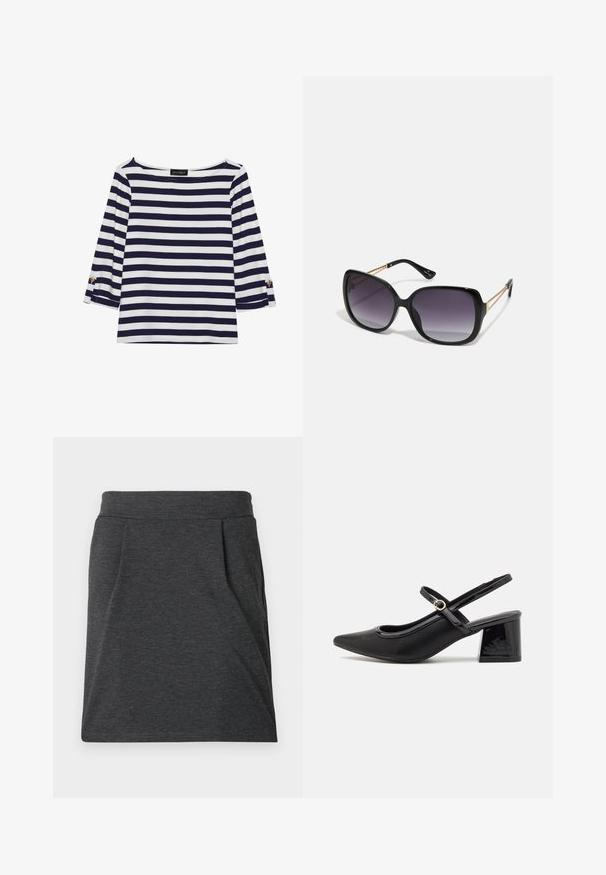 Maglietta a righe blu navy e bianca con maniche lunghe, scollo a barca e dettagli con bottoni dorati sulle maniche arrotolate. Tessuto morbido, vestibilità comoda.; Gonna in tessuto grigio scuro con una vita aderente, caratterizzata da pieghe per un tocco di texture. Design a taglio dritto, dettagli di cucitura minimi e senza fantasie.; Décolleté in vernice nera con cinturino dietro, punta affusolata, design con ritagli arrotondati e tacco a blocco. Presenta un accento di fibbia tono oro.; Occhiali da sole neri oversize con lenti sfumate, montatura spessa e dettagli in catena dorata sulle astine.; Borsa a tracolla nera in materiale sintetico, con un design rettangolare semplice, dettagli quadri dorati e doppi manici.
