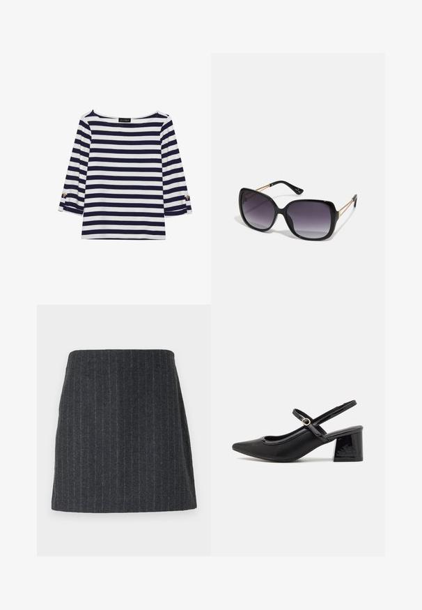Tengerészkék és fehér csíkos, hosszú ujjú blúz, hajónyakkal és aranygombos díszítésekkel a felhajtott ujjain. Puha anyag, lazán illeszkedő fazon.; Sötétszürke mini szoknya texturált anyagból, függőleges csíkokkal. Egyenes szabású, gumis derékkal és sima felülettel.; Fekete lakk bőr, pántos magassarkú cipő, hegyes orral, lekerekített kivágással és tömbsarkal. Arany színű csat díszíti.; Fekete, oversize napszemüveg fokozatos árnyalatú lencsékkel, vastag kerettel és arany színű lánc díszítéssel a szárakon.; Fekete kézi táska strukturált formával, sima textúrával és fémből készült záródással. Széles fekete nadrággal és nyitott orrú szandállal párosítva, fából készült padlón.