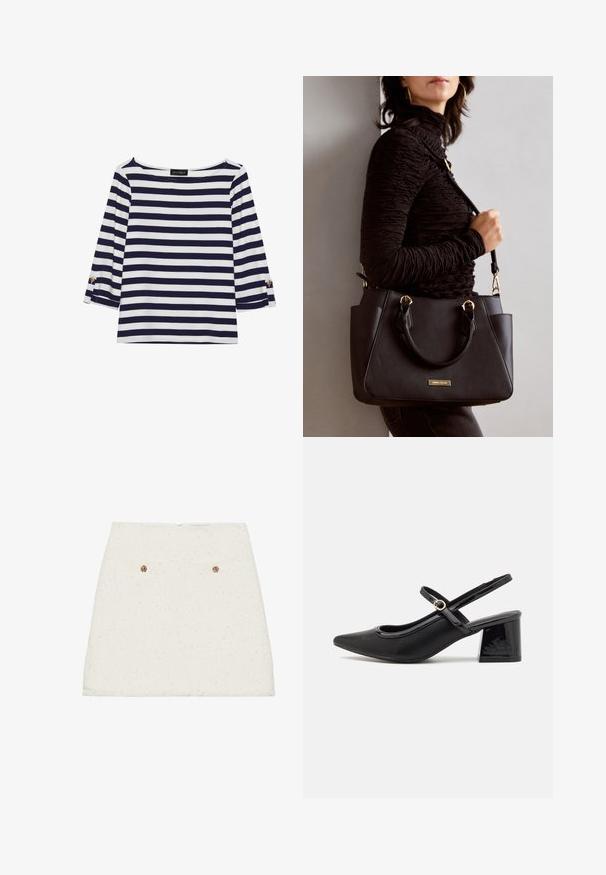 Haut rayé bleu marine et blanc à manches longues avec un col bateau et des accents de boutons dorés sur les manches retroussées. Tissu doux, coupe décontractée.; Jupe mini en tweed blanc avec une finition texturée, dotée de deux poches arrière et d'accents en bouton doré. L'ourlet est légèrement effiloché.; Escarpins slingback en cuir verni noir avec un embout pointu, un design à découpes arrondies et un talon carré. Présente un accent de boucle en ton doré.; Sac à main noir avec surface texturée, deux poignées supérieures et bandoulière réglable. Doté de quincaillerie dorée et de poches latérales.
