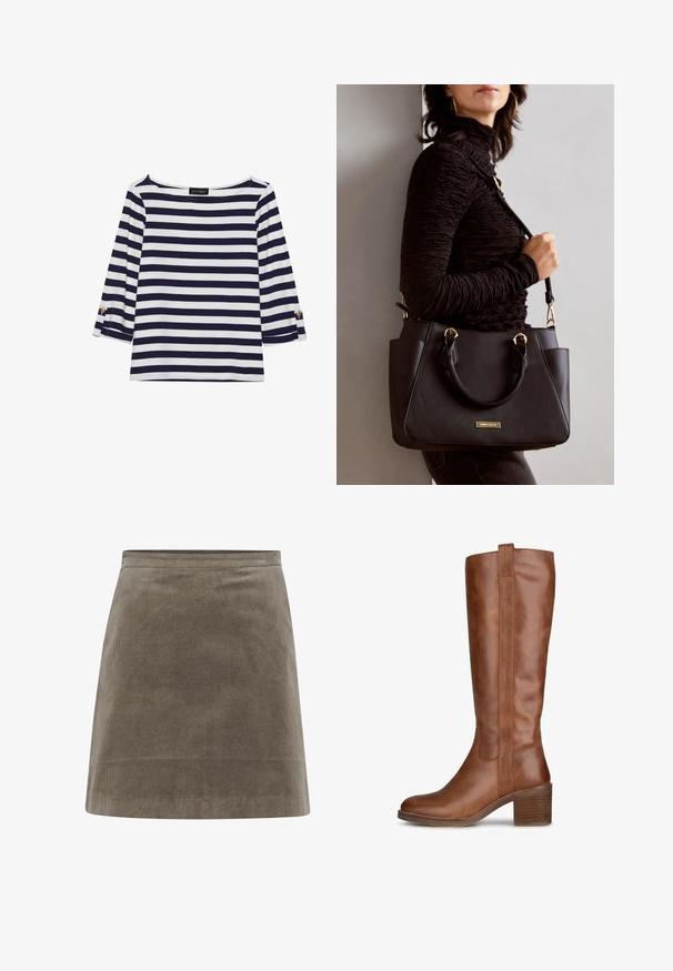 Marineblauw en witte gestreepte longsleeve top met een bootnek en gouden knoopaccenten op de opgerolde mouwen. Zachte stof, relaxte pasvorm.; Khaki corduroy mini-rok met een rechte vorm, een gladde textuur en een eenvoudige tailleband, voorzien van verticale ribbels.; Bruine leren kniehooglaarzen met een ronde neus, een gestapelde hak en naaddetails langs de zijkanten. Gladde textuur met een rechtopstaand ontwerp.; Zwarte handtas met gestructureerd oppervlak, dubbele bovenhandvatten en verstelbare schouderriem. Voorzien van goudkleurige hardware en zijzakken.