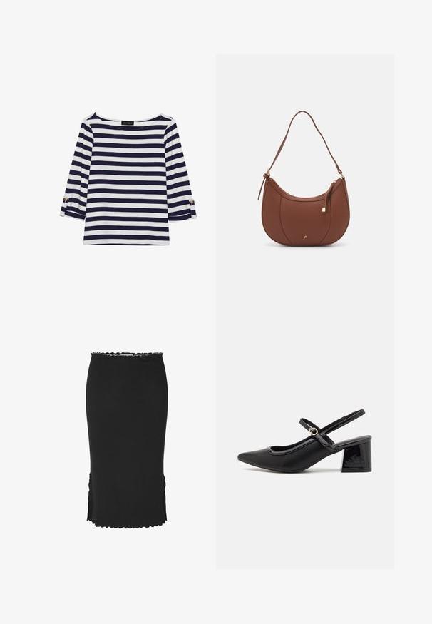 Navy and white striped long-sleeve top with a boat neckline and gold-button accents on rolled sleeves. Soft fabric, relaxed fit.; Black ankle-length skirt made from a textured fabric, featuring a scalloped hem and side slits for ease of movement.; Black patent leather slingback heels with a pointed toe, a rounded cutout design, and a block heel. Features a gold-tone buckle accent.; Brown faux leather shoulder bag with curved shape, minimal stitching, and a gold-tone hardware accent. Features a top zipper closure and adjustable strap.