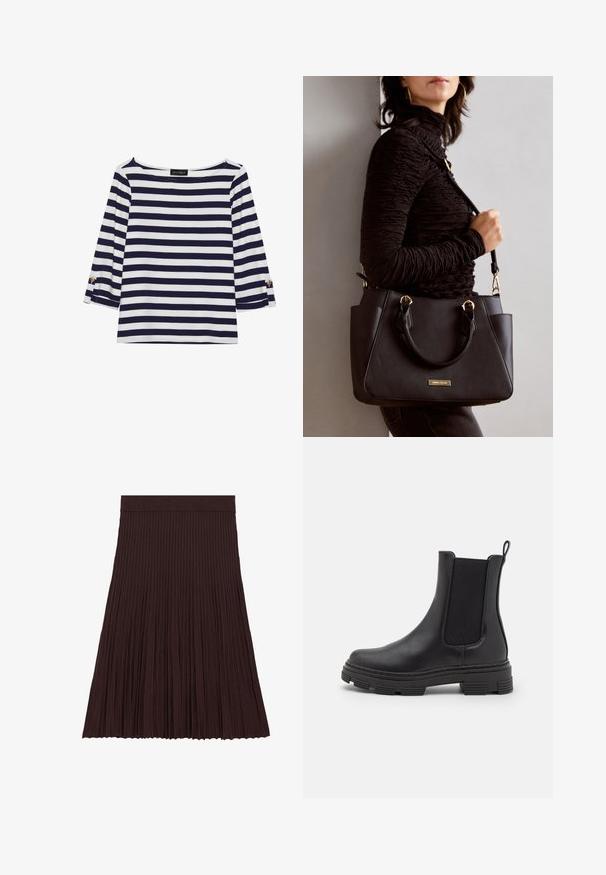 Top de manga longa às riscas azul-marinho e branco, com decote em barco e detalhes em botões dourados nas mangas com dobra. Tecido suave, ajuste descontraído.; Saia plissada castanha feita de um tecido suave e estriado. Apresenta uma cintura ajustada e um design fluido e texturizado que cai até à altura da metade da panturrilha.; Bota de tornozelo em couro preto com painéis laterais elásticos, bico arredondado e sola de borracha texturizada. Apresenta uma alça na parte traseira para fácil calçar.; Bolsa preta com superfície texturizada, alças superiores duplas e alça de ombro ajustável. Apresenta ferragens em tom dourado e bolsos laterais.