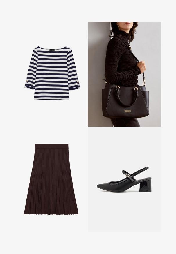 Marineblå og hvide stribede langærmede top med bådudskæring og guldknapdetaljer på opsmøgede ærmer. Blødt stof, afslappet pasform.; Brun plisseret nederdel lavet af blødt, ribbet stof. Har en tætsiddende talje og et flowy, struktureret design, der falder til midten af læggen.; Sorte patentlæder slingback hæle med spids tå, rund udskæring og blokhæl. Har en guldtonet spændeaccents.; Sort håndtaske med struktureret overflade, dobbelt topbærere og justerbar skulderrem. Udstyret med guldfarvet metalhardware og sidelommer.