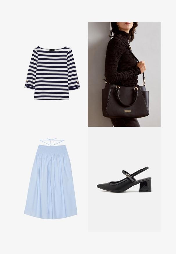 Duga majica dugih rukava prugasta u mornarsko plavu i bijelu boju s brodoglavim izrezom i zlatnim gumbima na pojačanim rukavima. Mekani materijal, opušteni kroj.; Svijetloplava pamučna suknja s nabranim strukom, prozračnom siluetom, širokim plisiranim detaljima i tankim vezicama straga za prilagodljivu veličinu.; Crne lakirane slingback visoke potpetice s šiljastim vrhom, zaobljenim izrezom i blok potpeticom. Sadrži akcent zlatnog tona s kopčom.; Crna torba s teksturiranom površinom, dvostrukim gornjim ručkama i podesivom remenom za rame. Ima zlatne metalne detalje i bočne džepove.