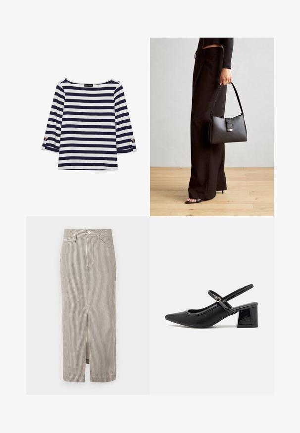 Haut rayé bleu marine et blanc à manches longues avec un col bateau et des accents de boutons dorés sur les manches retroussées. Tissu doux, coupe décontractée.; Jupe midi rayée en beige clair et marron foncé, fabriquée en coton, avec une fente sur le devant et des passants de ceinture. Design classique et coupe ajustée.; Escarpins slingback en cuir verni noir avec un embout pointu, un design à découpes arrondies et un talon carré. Présente un accent de boucle en ton doré.; Sac à main noir à la forme structurée, texture lisse et fermoir métallique. Associé à un pantalon noir ample et des sandales ouvertes sur un sol en bois.