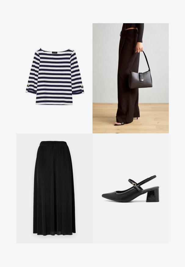 Mornarsko modra in bela črtasta majica z dolgimi rokavi, z vratnim izrezom v obliki čolna in zlatimi gumbi na zavihkih rokavov. Mehka tkanina, sproščen kroj.; Črna krila do kolen z širokim elastičnim pasom in vertikalno rebrasto teksturo, ki ima tekočo silhueto in subtilno gibanje.; Črne patentne usnjene salonarce s slingback obliko, s koničastim nosom, zaobljenim izrezom in blok peto. Imajo zlato kovinsko zaponko kot dodatno okrasje.; Črna torbica z strukturirano obliko, gladko teksturo in kovinskim zaponko. Ujemajo se z širokimi črnimi hlačami in odprtimi sandali na lesenem tleh.