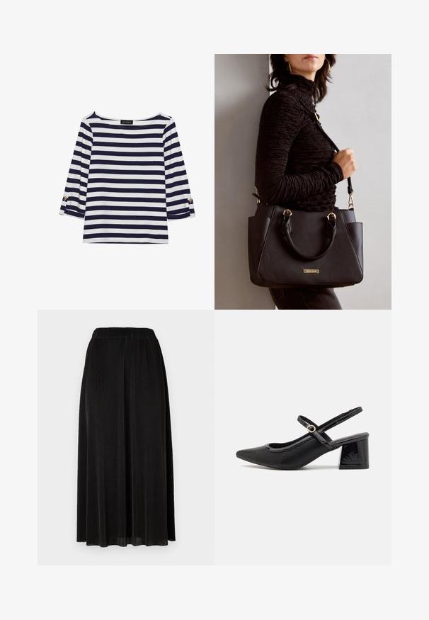 Námořnická a bílá pruhovaná halenka s dlouhým rukávem a lodním výstřihem, se zlatými knoflíky na ohrnutých rukávech. Měkká tkanina, volný střih.; Černá sukně ke kolenům s širokým elastickým pasem a vertikálním žebrovaným vzorem, která má splývavý siluetu a jemný pohyb.; Černé lakované lodičky s otevřenou patou, špičatou špičkou, zaobleným střihem a blokovým podpatkem. Zdobené akcentem v zlatém tónu.; Černá kabelka s texturovaným povrchem, dvojitými horními uchy a nastavitelným ramenním popruhem. Obsahuje zlaté kovové prvky a boční kapsy.