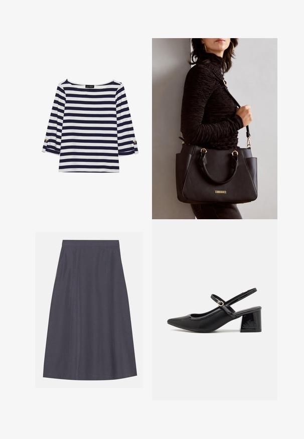 Navy and white striped long-sleeve top with a boat neckline and gold-button accents on rolled sleeves. Soft fabric, relaxed fit.; A- line, dark gray skirt made of a smooth fabric with side pockets, featuring a clean waistband and subtle seam detailing.; Black patent leather slingback heels with a pointed toe, a rounded cutout design, and a block heel. Features a gold-tone buckle accent.; Black handbag with textured surface, dual top handles, and adjustable shoulder strap. Features gold-tone hardware and side pockets.