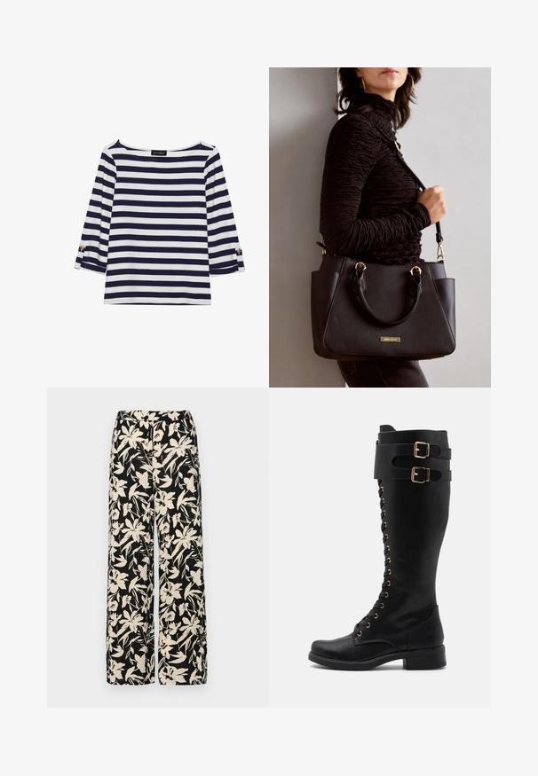 Duga majica dugih rukava prugasta u mornarsko plavu i bijelu boju s brodoglavim izrezom i zlatnim gumbima na pojačanim rukavima. Mekani materijal, opušteni kroj.; Crne široke hlače s kremastim cvjetnim uzorkom. Izrađene od lagane tkanine, sa glatkom teksturom i visokim pojasom.; Čizmice od crne kože do koljena s zlatnim metalnim detaljima, s vezanjem sprijeda, dvama remenčićima s kopčama i blok petom.; Crna torba s teksturiranom površinom, dvostrukim gornjim ručkama i podesivom remenom za rame. Ima zlatne metalne detalje i bočne džepove.