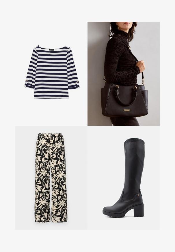 Marineblauw en witte gestreepte longsleeve top met een bootnek en gouden knoopaccenten op de opgerolde mouwen. Zachte stof, relaxte pasvorm.; Zwarte wijde broek met een crèmekleurig bloemenpatroon. Gemaakt van lichtgewicht stof, met een zachte textuur en een hoge tailleband.; Zwarte laarzen tot de knie van soepel leer met een vierkante neus, stevige blokhak en gegoten rubberen zool. Bevat een discreet logo detail.; Zwarte handtas met gestructureerd oppervlak, dubbele bovenhandvatten en verstelbare schouderriem. Voorzien van goudkleurige hardware en zijzakken.
