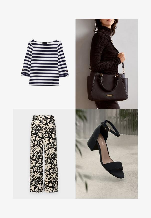 Camiseta de manga larga a rayas en azul marino y blanco, con escote barco y acentos de botones dorados en las mangas enrolladas. Tejido suave y corte relajado.; Pantalones de pierna ancha negros con un patrón floral crema. Fabricados en un tejido ligero, con una textura suave y una cintura alta.; Sandalia negra de tacón con una tira ancha y una correa en el tobillo, con textura mate y tacón cuadrado. Logo de la marca visible en la planta.; Bolso negro con superficie texturizada, doble asa superior y correa para hombro ajustable. Presenta herrajes en tono dorado y bolsillos laterales.