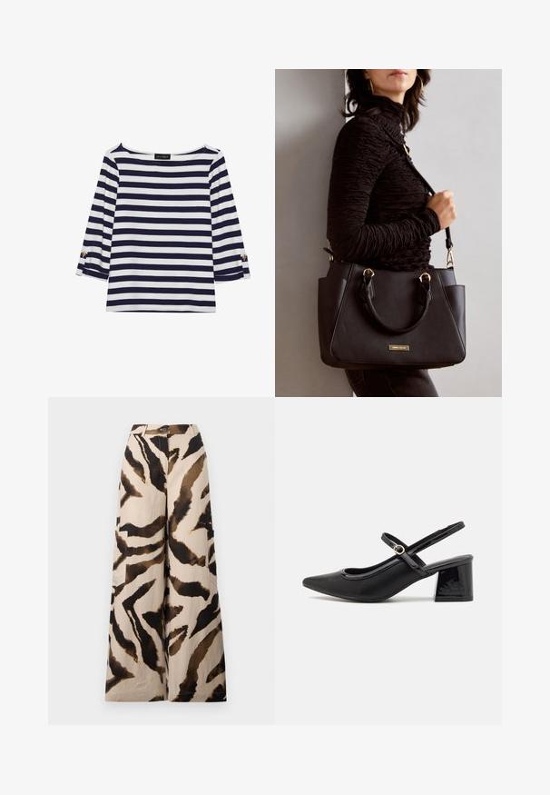 Marineblå og hvit stripete langermet topp med båthals og gullknapper på rullede ermer. Myk stoff, avslappet passform.; Bredde bukser laget av lett stoff, med en beige bunn og et mønster av tigermønster i brunt og svart, samt sidelommer.; Sorte lakk lær slingback hæler med spiss tå, et avrundet utskjæringsdesign og blokkheel. Har en gulltone spenne som detalj.; Svart håndveske med teksturert overflate, doble topphåndtak og justerbar skulderrem. Har detaljer i gulltone og sidelommer.