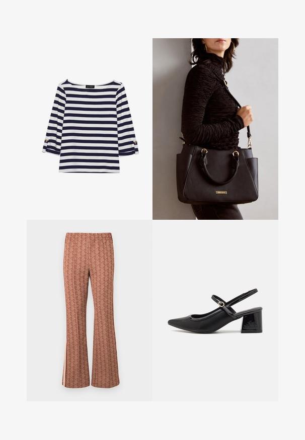 Marineblauw en witte gestreepte longsleeve top met een bootnek en gouden knoopaccenten op de opgerolde mouwen. Zachte stof, relaxte pasvorm.; Bruine gestreepte broek met een elastische tailleband, voorzien van een geometrisch patroon, uitlopende pijpen en zijstrepen in een lichtere tint.; Zwarte gepolijste leren slingback hakken met een spitse neus, een ronde uitsnede en een blokhak. Voorzien van een gouden gespaccent.; Zwarte handtas met gestructureerd oppervlak, dubbele bovenhandvatten en verstelbare schouderriem. Voorzien van goudkleurige hardware en zijzakken.