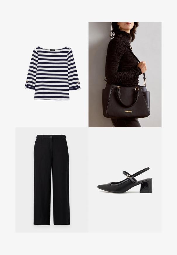 Granatowa i biała, w paski, bluzka z długim rękawem o dekolcie typu łódka oraz złotymi guzikami na podwiniętych rękawach. Miękka tkanina, luźny krój.; Czarne spodnie w szerokim kroju wykonane z lekkiego materiału, z zapięciem na guzik z przodu i szlufkami na pasek. Gładka tekstura bez widocznych wzorów.; Czarne lakierowane czółenka na słupku ze spiczastym noskiem, lekko zaokrąglonym wycięciem i obcasem w kształcie bloku. Posiadają złotą klamrę jako akcent dekoracyjny.; Czarna torebka z teksturowanej powierzchni, podwójnymi uchwytami na górze i regulowanym paskiem na ramię. Posiada złote okucia i boczne kieszenie.