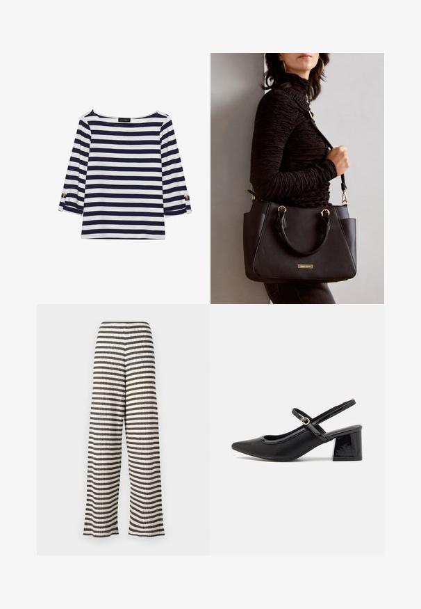 Marineblå og hvit stripete langermet topp med båthals og gullknapper på rullede ermer. Myk stoff, avslappet passform.; Bredde bukser i svart og hvitt stripemønster, med en teksturert overflate og elastisk midje for komfort.; Sorte lakk lær slingback hæler med spiss tå, et avrundet utskjæringsdesign og blokkheel. Har en gulltone spenne som detalj.; Svart håndveske med teksturert overflate, doble topphåndtak og justerbar skulderrem. Har detaljer i gulltone og sidelommer.