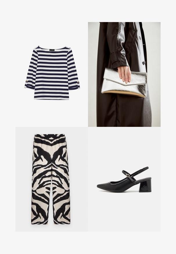 Navy and white striped long-sleeve top with a boat neckline and gold-button accents on rolled sleeves. Soft fabric, relaxed fit.; Black and beige patterned wide-leg pants with an elastic waistband, featuring a bold zebra stripe design in a smooth fabric.; Black patent leather slingback heels with a pointed toe, a rounded cutout design, and a block heel. Features a gold-tone buckle accent.; Silver metallic clutch with an angular envelope design, smooth texture, and contrasting interior color, held in a hand wearing a black coat.
