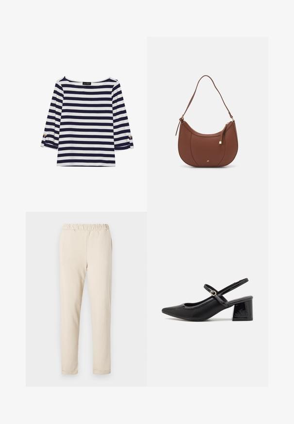 Námořnická a bílá pruhovaná halenka s dlouhým rukávem a lodním výstřihem, se zlatými knoflíky na ohrnutých rukávech. Měkká tkanina, volný střih.; Beige bavlněné kalhoty se shromážděným pasem, rovný střih a bez viditelných vzorů, s hladkou texturou a jednoduchým lemem.; Černé lakované lodičky s otevřenou patou, špičatou špičkou, zaobleným střihem a blokovým podpatkem. Zdobené akcentem v zlatém tónu.; Hnědá kabelka přes rameno z umělé kůže s zakřiveným tvarem, minimálním prošíváním a zlatým kovovým akcentem. Disponuje vrchním zipovým uzavíráním a nastavitelným popruhem.