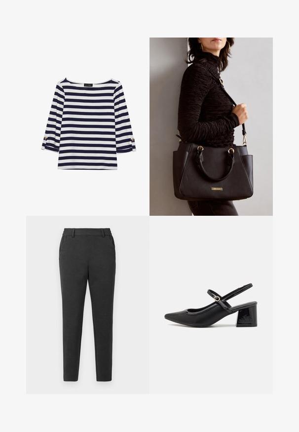 Marineblauw en witte gestreepte longsleeve top met een bootnek en gouden knoopaccenten op de opgerolde mouwen. Zachte stof, relaxte pasvorm.; Donkergrijze slim-fit broek met riemlussen, zijzakken en een taps toelopend ontwerp op een effen lichte achtergrond.; Zwarte gepolijste leren slingback hakken met een spitse neus, een ronde uitsnede en een blokhak. Voorzien van een gouden gespaccent.; Zwarte handtas met gestructureerd oppervlak, dubbele bovenhandvatten en verstelbare schouderriem. Voorzien van goudkleurige hardware en zijzakken.