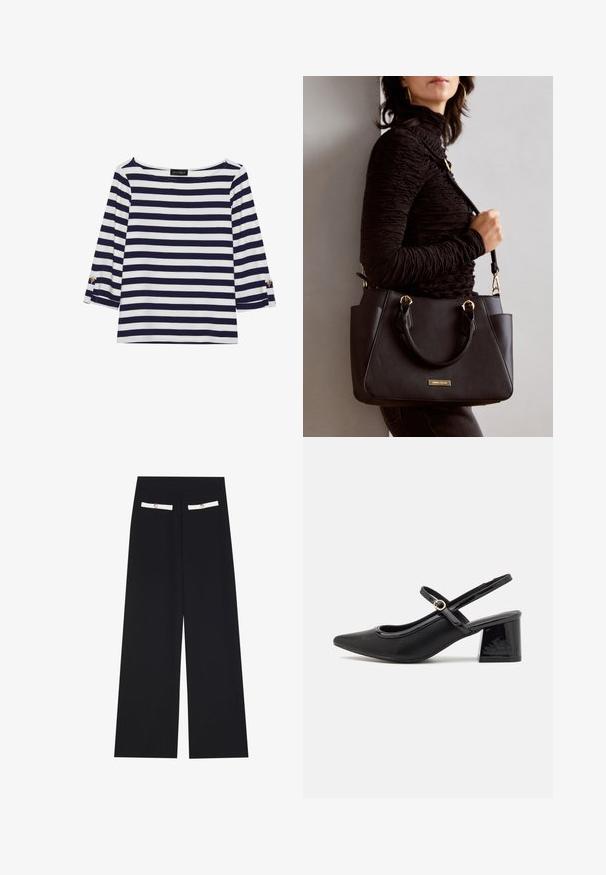 Navy and white striped long-sleeve top with a boat neckline and gold-button accents on rolled sleeves. Soft fabric, relaxed fit.; Black wide-leg trousers made from smooth fabric, featuring two white-accented pockets with decorative buttons on the front.; Black patent leather slingback heels with a pointed toe, a rounded cutout design, and a block heel. Features a gold-tone buckle accent.; Black handbag with textured surface, dual top handles, and adjustable shoulder strap. Features gold-tone hardware and side pockets.