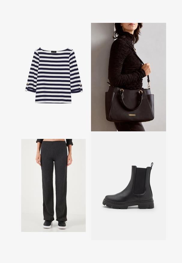 Tumesiniste ja valgete triipudega pikkade varrukatega topp, millel on paadi kaelus ja kuldsete nööpide aktsendid üleskeeratud varrukatel. Pehme kangas, mugav istuvus.; Tumedate hallid, ribadest kangast püksid, sirge jala disainiga. Omab lamedat vöökohta ja peent tekstuuri, kombinatsioonis mustade spordijalanõudega.; Must mustelaste kodukinga, millel on elastsed külgpaneelid, ümar varvas ja tekstuuriga kummist välistald. Tagaküljel on mugavuse huvides aas.; Musthave must kott, millel on tekstuurne pind, kaks ülemist käepidet ja reguleeritav õlarihm. Omab kuldse tooni riistu ja külgtaskuid.