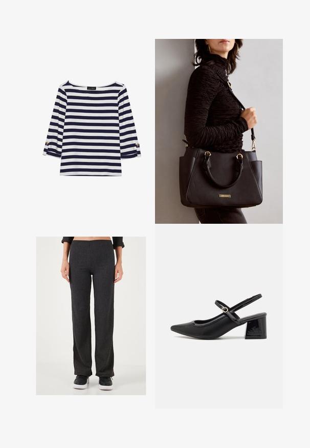 Granatowa i biała, w paski, bluzka z długim rękawem o dekolcie typu łódka oraz złotymi guzikami na podwiniętych rękawach. Miękka tkanina, luźny krój.; Ciemnoszare, żebrowane spodnie z prostą nogawką. Posiadają płaski pas i subtelny tekstur, zestawione z czarnymi sneakersami.; Czarne lakierowane czółenka na słupku ze spiczastym noskiem, lekko zaokrąglonym wycięciem i obcasem w kształcie bloku. Posiadają złotą klamrę jako akcent dekoracyjny.; Czarna torebka z teksturowanej powierzchni, podwójnymi uchwytami na górze i regulowanym paskiem na ramię. Posiada złote okucia i boczne kieszenie.