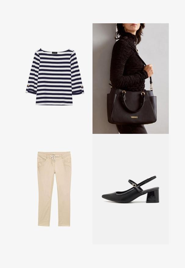 Námořnická a bílá pruhovaná halenka s dlouhým rukávem a lodním výstřihem, se zlatými knoflíky na ohrnutých rukávech. Měkká tkanina, volný střih.; Béžové kalhoty vyrobené z měkké látky; mají stahovací pas, dvě přední kapsy a přiléhavý střih se subtilními švy.; Černé lakované lodičky s otevřenou patou, špičatou špičkou, zaobleným střihem a blokovým podpatkem. Zdobené akcentem v zlatém tónu.; Černá kabelka s texturovaným povrchem, dvojitými horními uchy a nastavitelným ramenním popruhem. Obsahuje zlaté kovové prvky a boční kapsy.