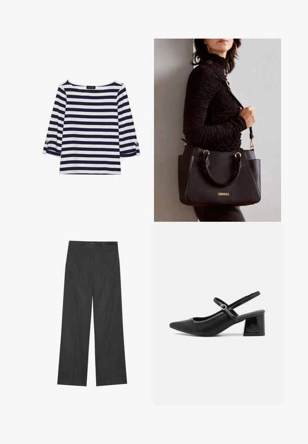 Camiseta de manga larga a rayas en azul marino y blanco, con escote barco y acentos de botones dorados en las mangas enrolladas. Tejido suave y corte relajado.; Pantalones de pierna ancha en un gris oscuro, hechos de un tejido texturizado, con un frente plano, cinturillas y un acabado limpio en el dobladillo.; Tacones slingback de charol negro con punta afilada, un diseño de corte redondeado y tacón bloque. Incluye un detalle de hebilla en tono dorado.; Bolso negro con superficie texturizada, doble asa superior y correa para hombro ajustable. Presenta herrajes en tono dorado y bolsillos laterales.