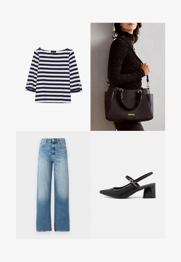 Top de manga longa às riscas azul-marinho e branco, com decote em barco e detalhes em botões dourados nas mangas com dobra. Tecido suave, ajuste descontraído.; Jeans de cintura alta, de perna larga e azul claro. Feitos de denim, com fecho de botão e cinco bolsos. Desbotam em direção à parte inferior.; Sabrinas de cerâmica preta com salto bloco, bico apontado e um design com recortes arredondados. Apresenta um detalhe em fivela de tom dourado.; Bolsa preta com superfície texturizada, alças superiores duplas e alça de ombro ajustável. Apresenta ferragens em tom dourado e bolsos laterais.