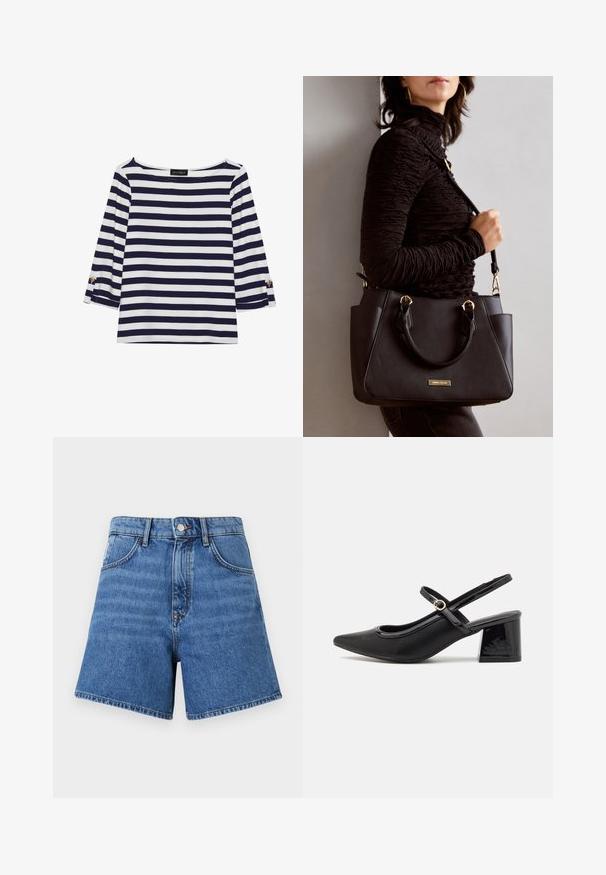 Marineblauw en witte gestreepte longsleeve top met een bootnek en gouden knoopaccenten op de opgerolde mouwen. Zachte stof, relaxte pasvorm.; Denim shorts in medium blue, met een hoge taille, vijf zakken en contrasterende stiksels. De stof heeft een gladde textuur en rechte pijpen.; Zwarte gepolijste leren slingback hakken met een spitse neus, een ronde uitsnede en een blokhak. Voorzien van een gouden gespaccent.; Zwarte handtas met gestructureerd oppervlak, dubbele bovenhandvatten en verstelbare schouderriem. Voorzien van goudkleurige hardware en zijzakken.
